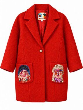 Rare Unlogical Poem Red Sequin Portrait Patch Wool Blend Overcoat Whimsical 36